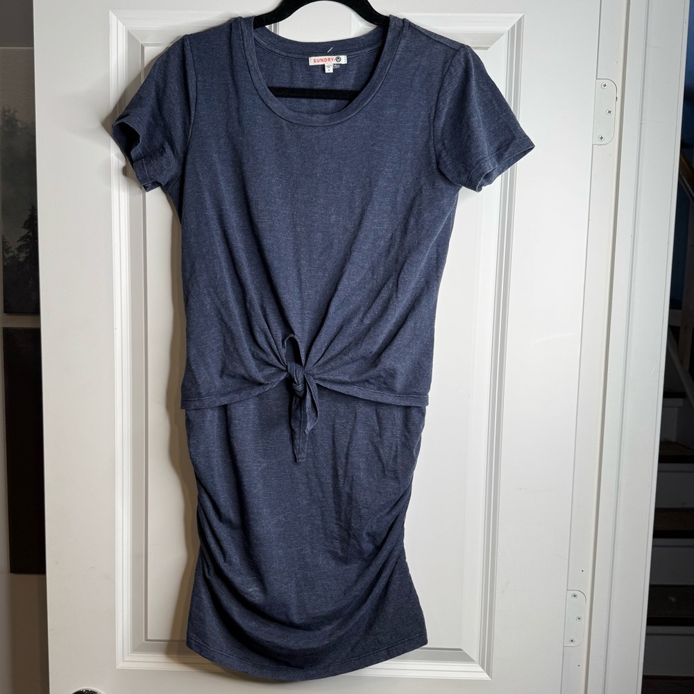 Sundry - Blue Tie Front Ruched Dress - Size: 1